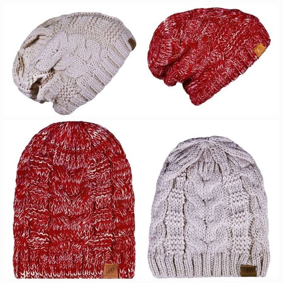 🧚‍♂️NWT Basico Beige & Red Chunky Knit Pair of Unisex Slouchy Beanie Hats - Picture 2 of 12